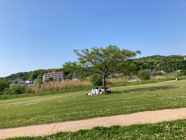 大和川親水公園の木の下に敷物を敷いてくつろぐ
